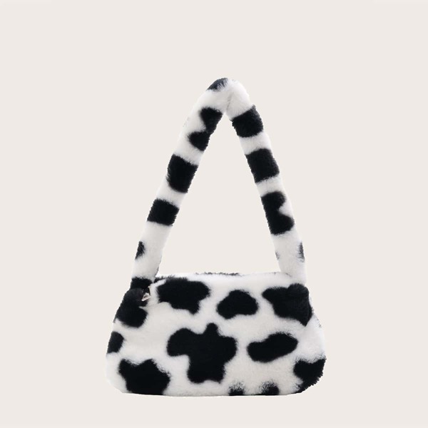 

Girls Cow Pattern Fluffy Baguette Bag, Black and white