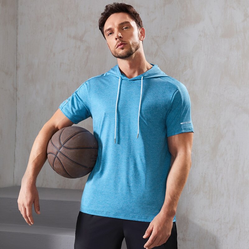 

Men Solid Drawstring Hooded Sports Tee, Mint blue