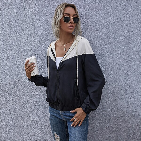 

Two Tone Zip Up Drawstring Hooded Jacket, Black