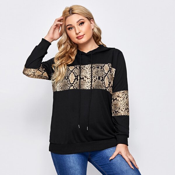 

Plus Snakeskin Panel Drawstring Hooded Sweatshirt, Black