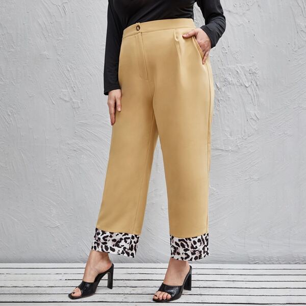 

Plus Contrast Leopard Hem Wide Leg Pants, Khaki