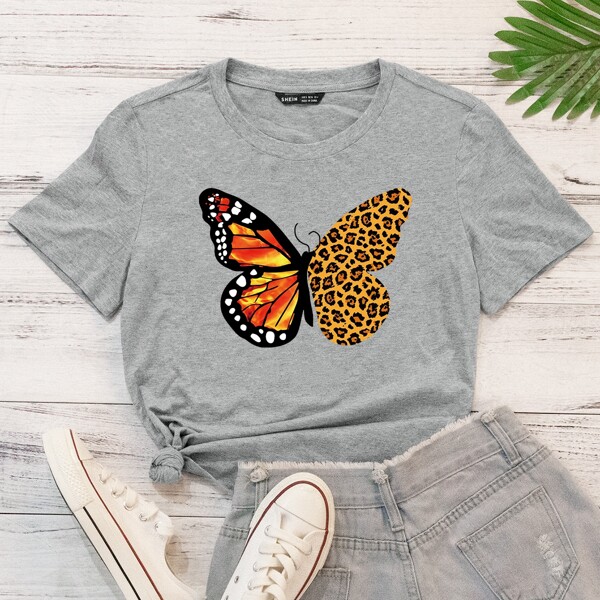 

Butterfly And Leopard Print Tee, Grey