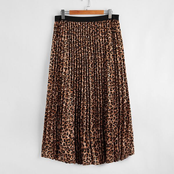 

Plus Leopard Elastic Waist Pleated Skirt, Multicolor