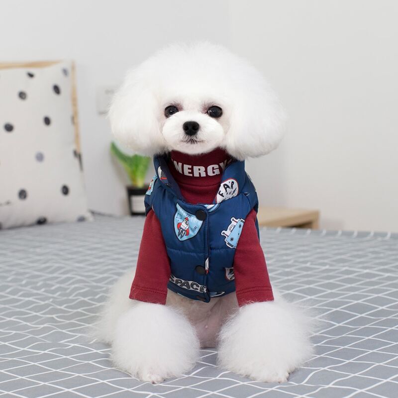 

Cartoon Graphic Snap Button Dog Coat, Navy blue