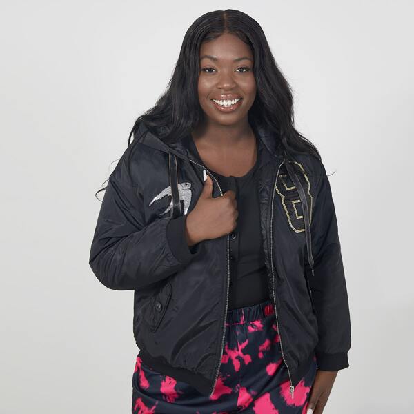 

Plus Contrast Sequin Zip Up Hooded Jacket, Black