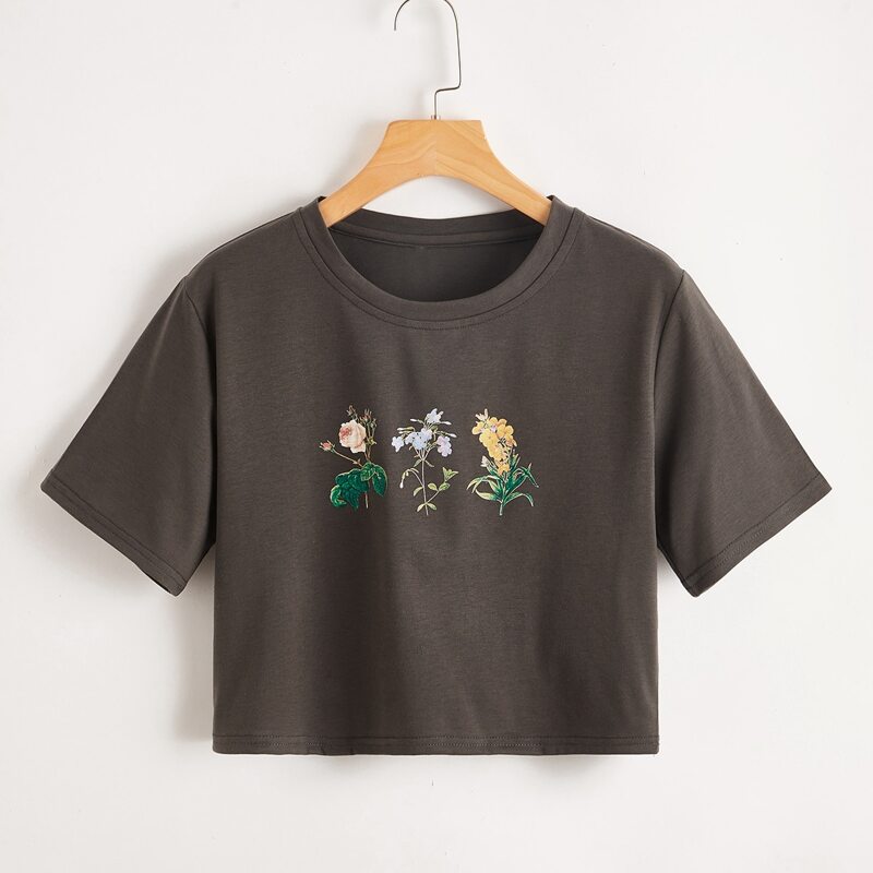 Flower Graphic Crop Tee, Dark grey