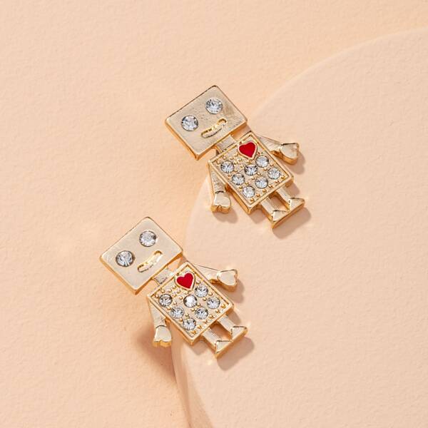 

Rhinestone Robot Stud Earrings, Gold