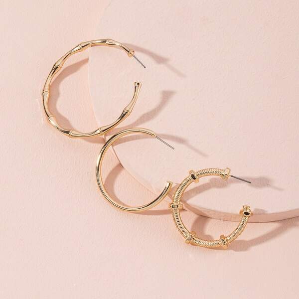 

3pairs Bamboo Joint Hoop Earrings Set, Gold