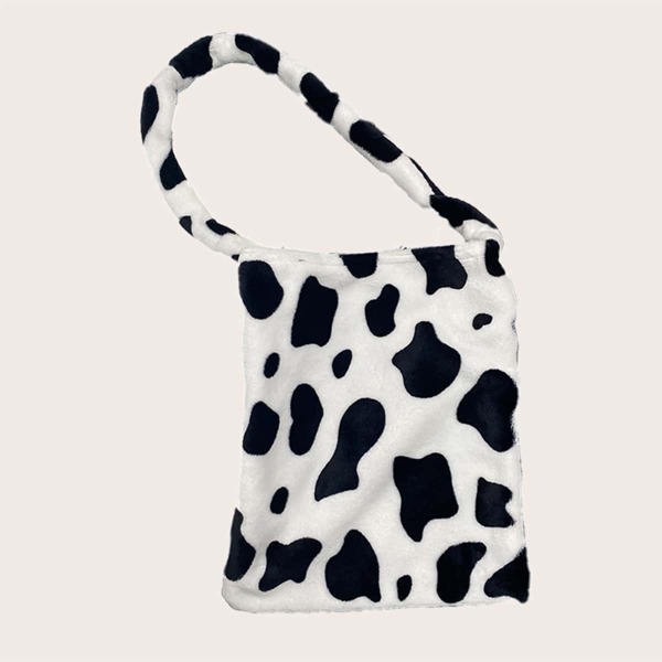 

Cow Pattern Fluffy Shoulder Bag, Black and white