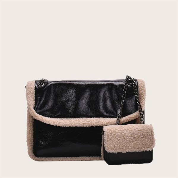 

Faux Fur Lined Shoulder Bag With Purse, Black