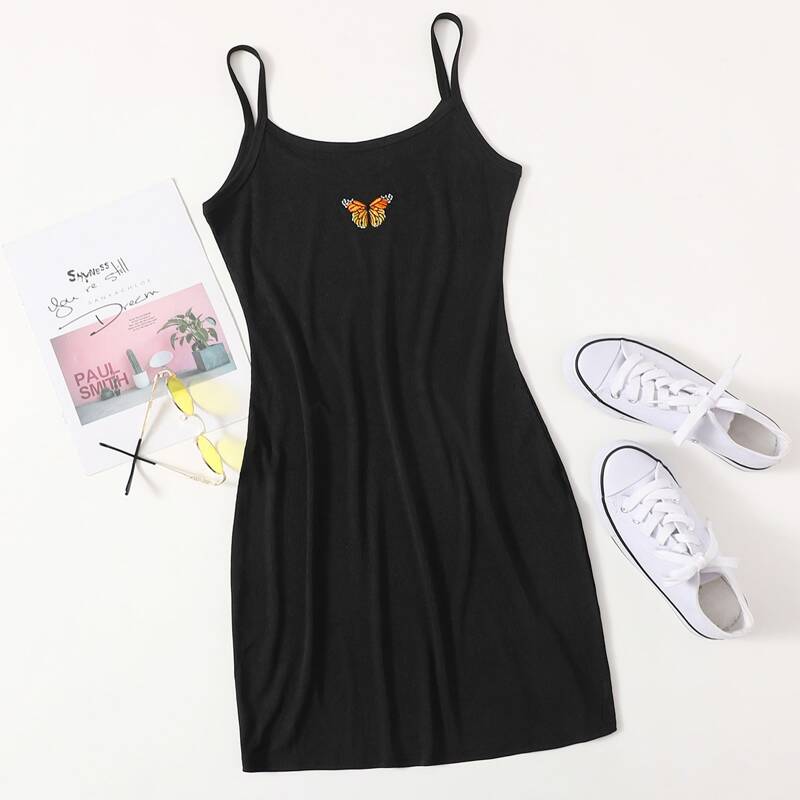 

Butterfly Embroidery Ribbed Bodycon Dress, Black