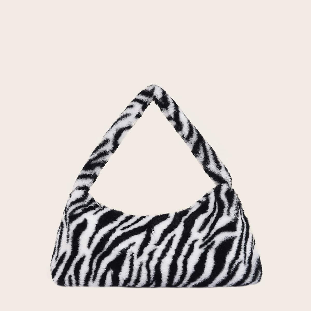 

Fluffy Zebra Print Shoulder Bag, Black and white