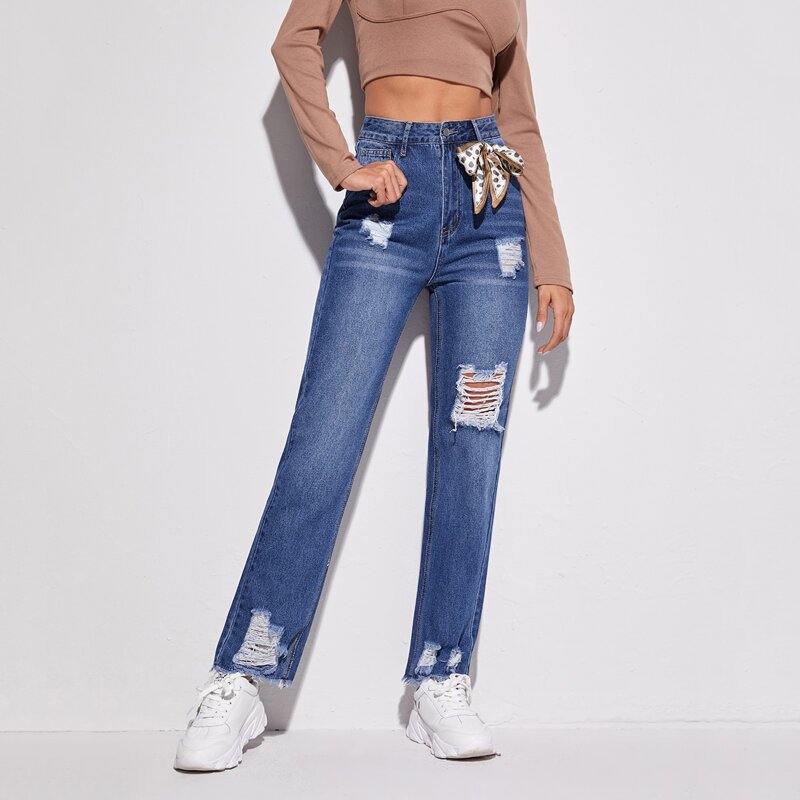 

Bow Front Ripped Raw Hem Straight Jeans, Medium wash