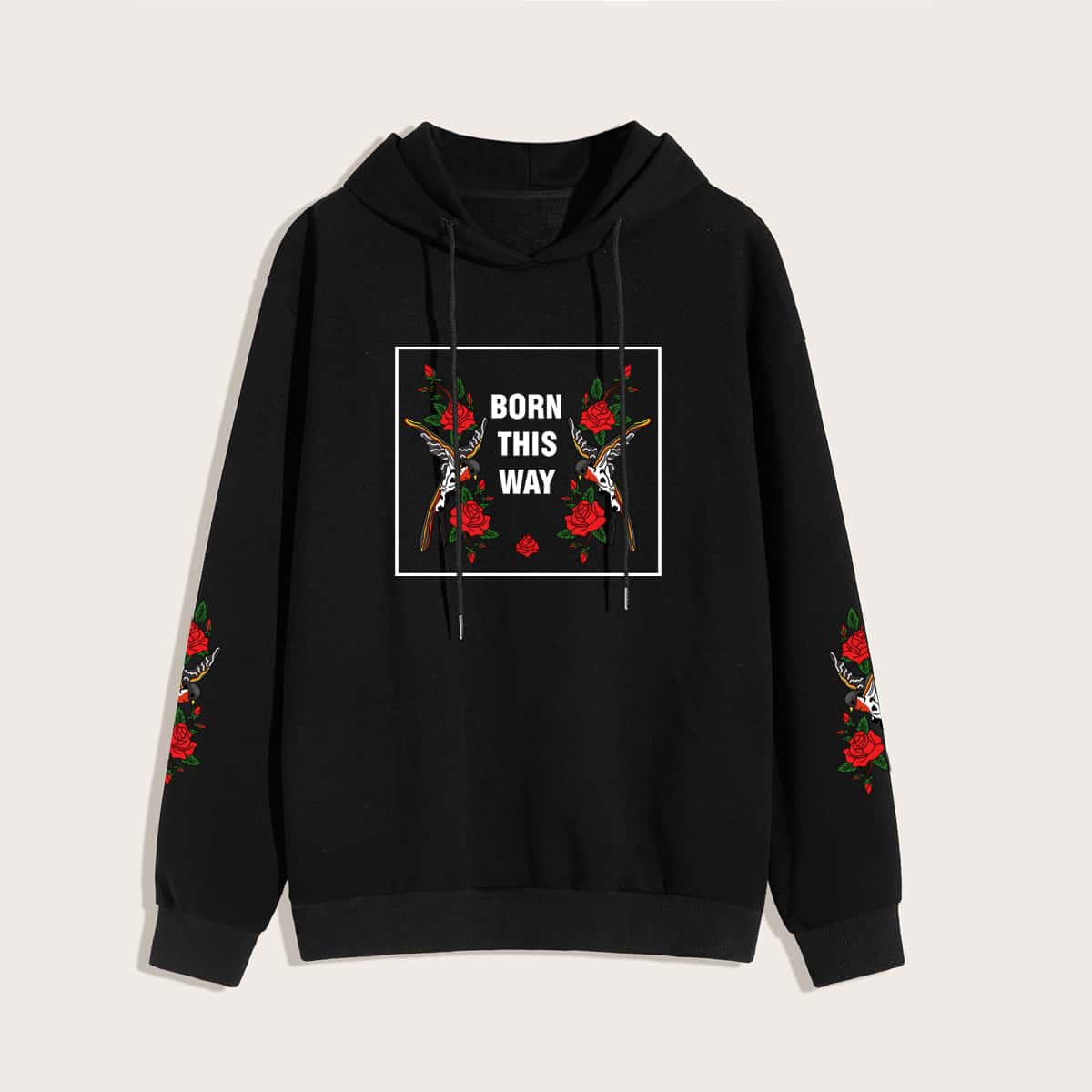 

Guys Letter & Floral Print Drawstring Hoodie, Black