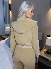 Eilly Bazar Zip Up Hooded Teddy Jacket - Khaki - View 2