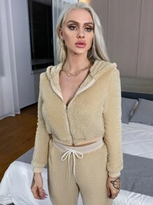 Eilly Bazar Zip Up Hooded Teddy Jacket - Khaki - View 4