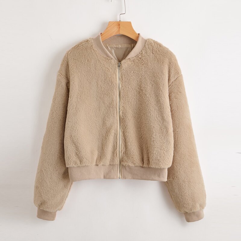 

Solid Zip Up Faux Fur Coat, Khaki