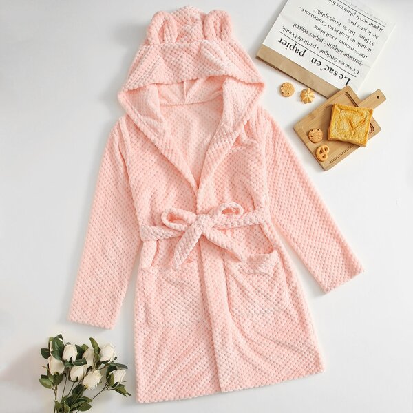 

3D Ear Design Dual Pocket Belted Flannel Robe, Baby pink