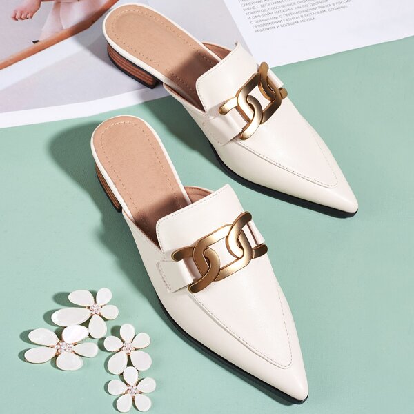 

Chain Decor Point Toe Flat Mules, Beige