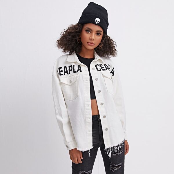 

Letter Graphic Raw Hem Patch Pocket Denim Jacket, White