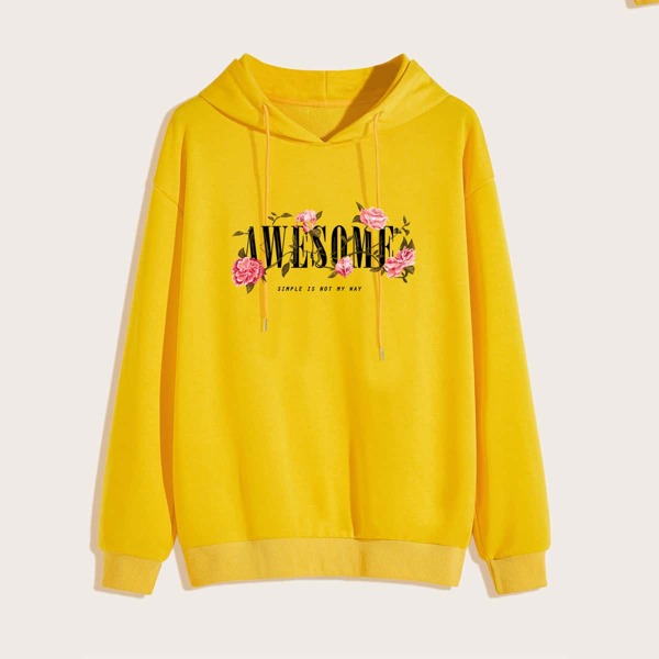 

Men Letter & Floral Print Drawstring Hoodie, Yellow