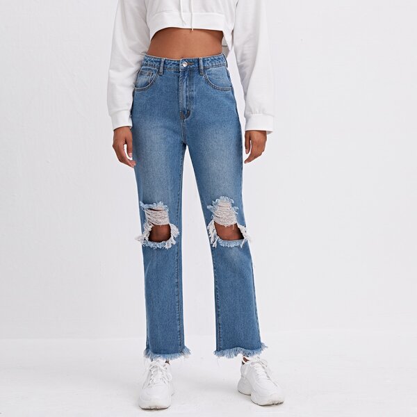 

High Waist Raw Hem Ripped Straight Jeans, Medium wash