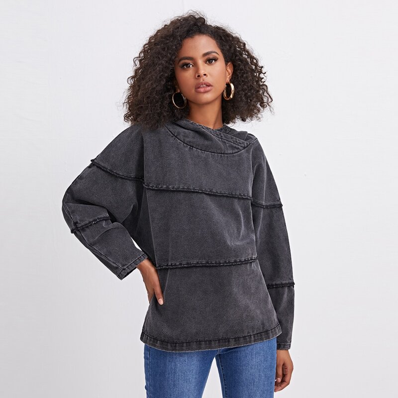 

Batwing Sleeve Hooded Denim Top, Dark grey