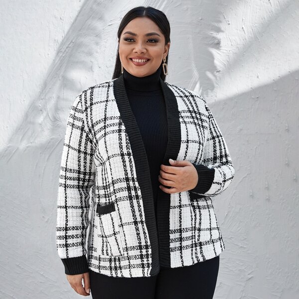 

Plus Tweed Plaid Open Front Jacket, Black and white