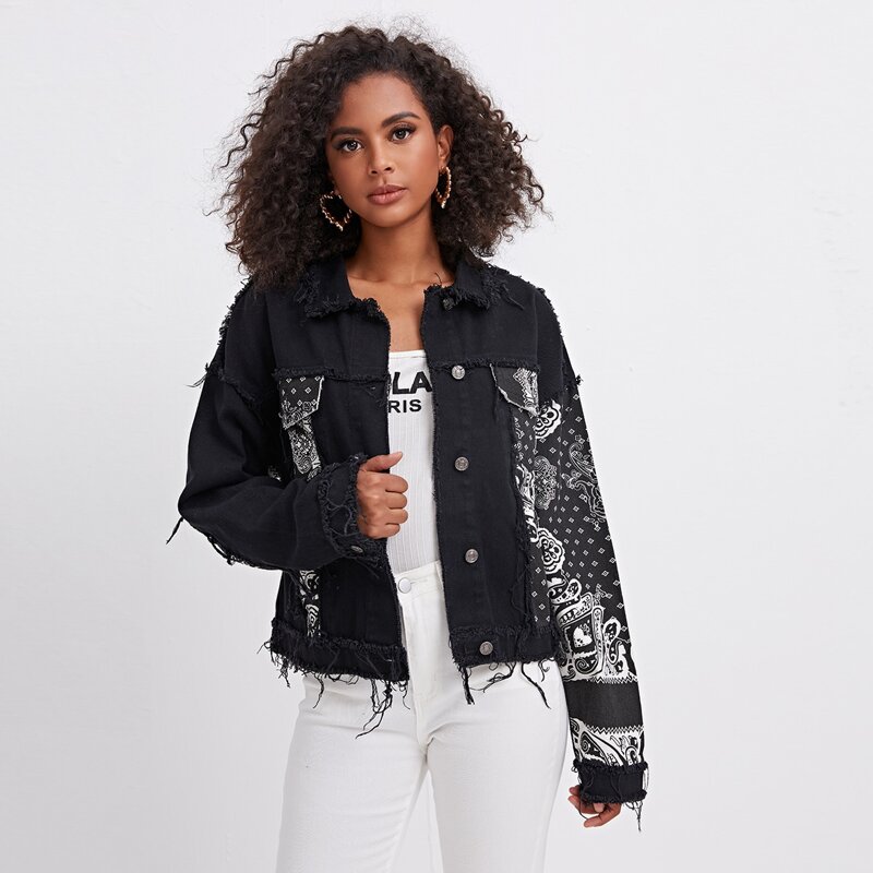 

Button Front Raw Edge Paisley Denim Jacket, Black
