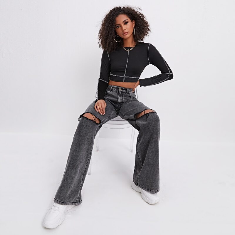 

High Waist Ripped Wide Leg Jeans, Dark grey