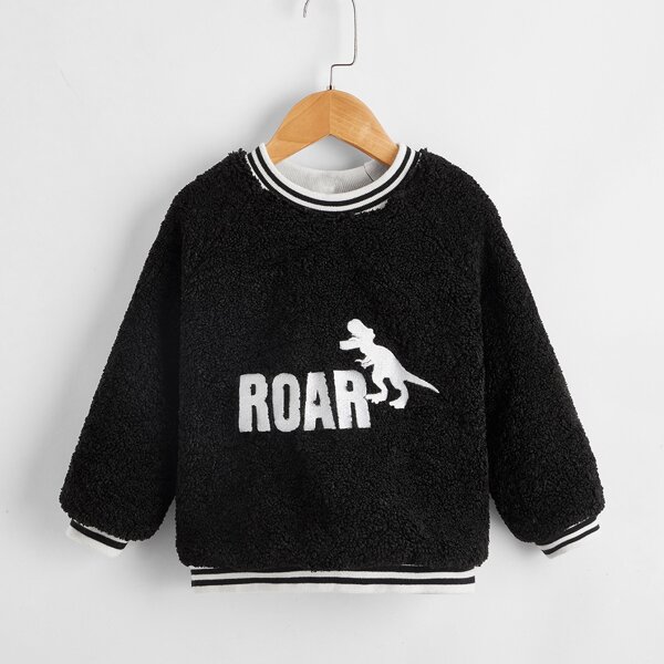 

Toddler Boys Letter & Dinosaur Pattern Teddy Sweatshirt, Black