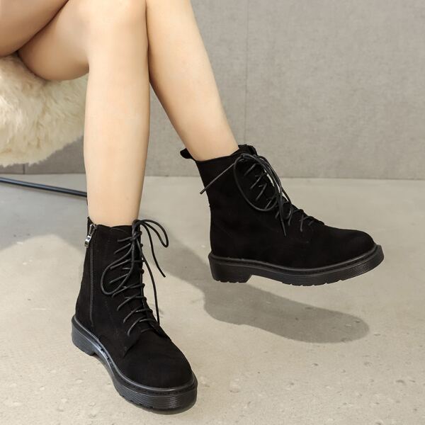 

Lace-up Front Side Zip Ankle Boots, Black
