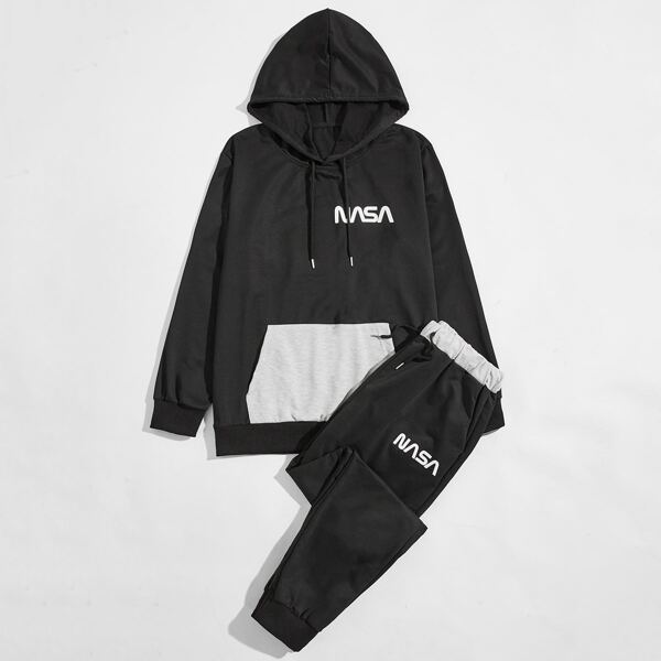

Men Letter Graphic Drawstring Hoodie With Sweatpants, Black