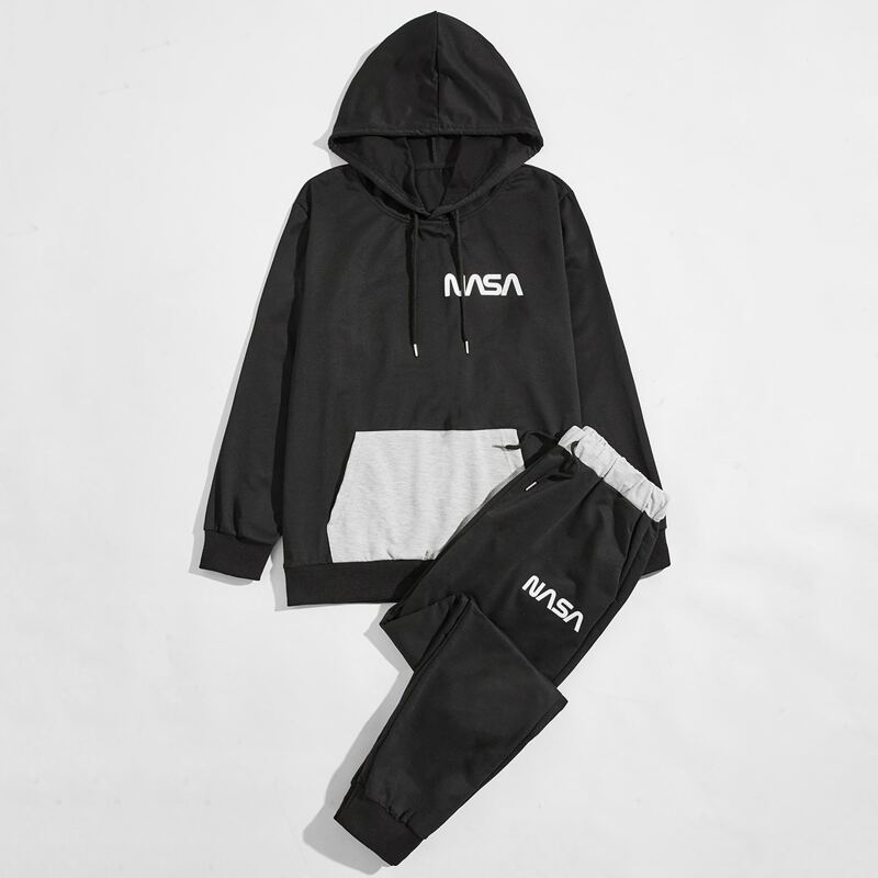 

Guys Letter Graphic Drawstring Hoodie With Sweatpants, Black