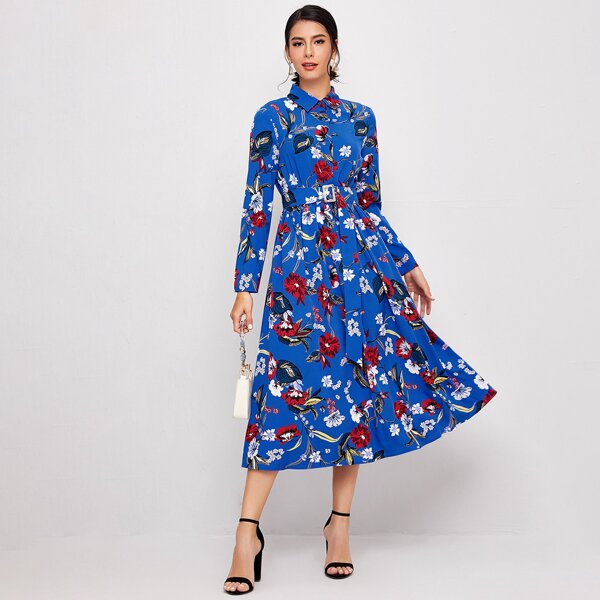 

Floral Print Buckle Belted Shirt Dress, Multicolor