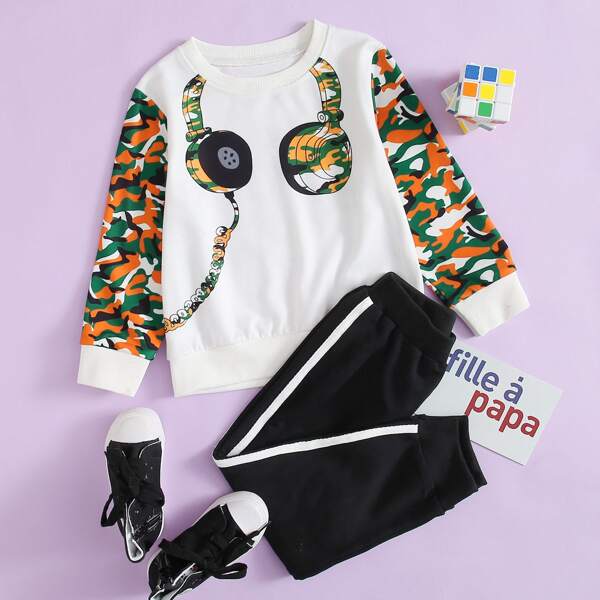 

Toddler Boys Camo & Headset Print Sweatshirt With Sweatpants, Black and white