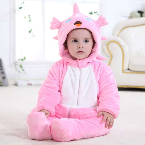 

Baby Girl Cartoon Embroidery Teddy Hooded Jumpsuit Costume, Baby pink