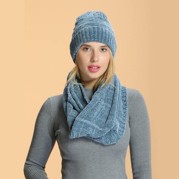 

1pc Solid Beanie & 1pc Scarf, Blue