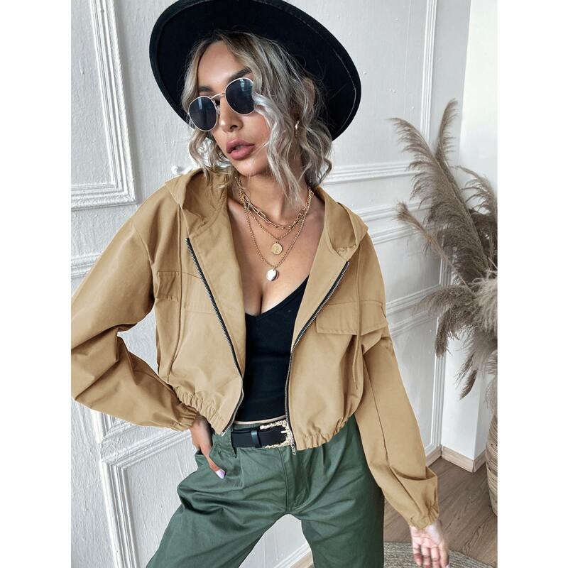 

Zip Up Drawstring Hooded Jacket, Khaki