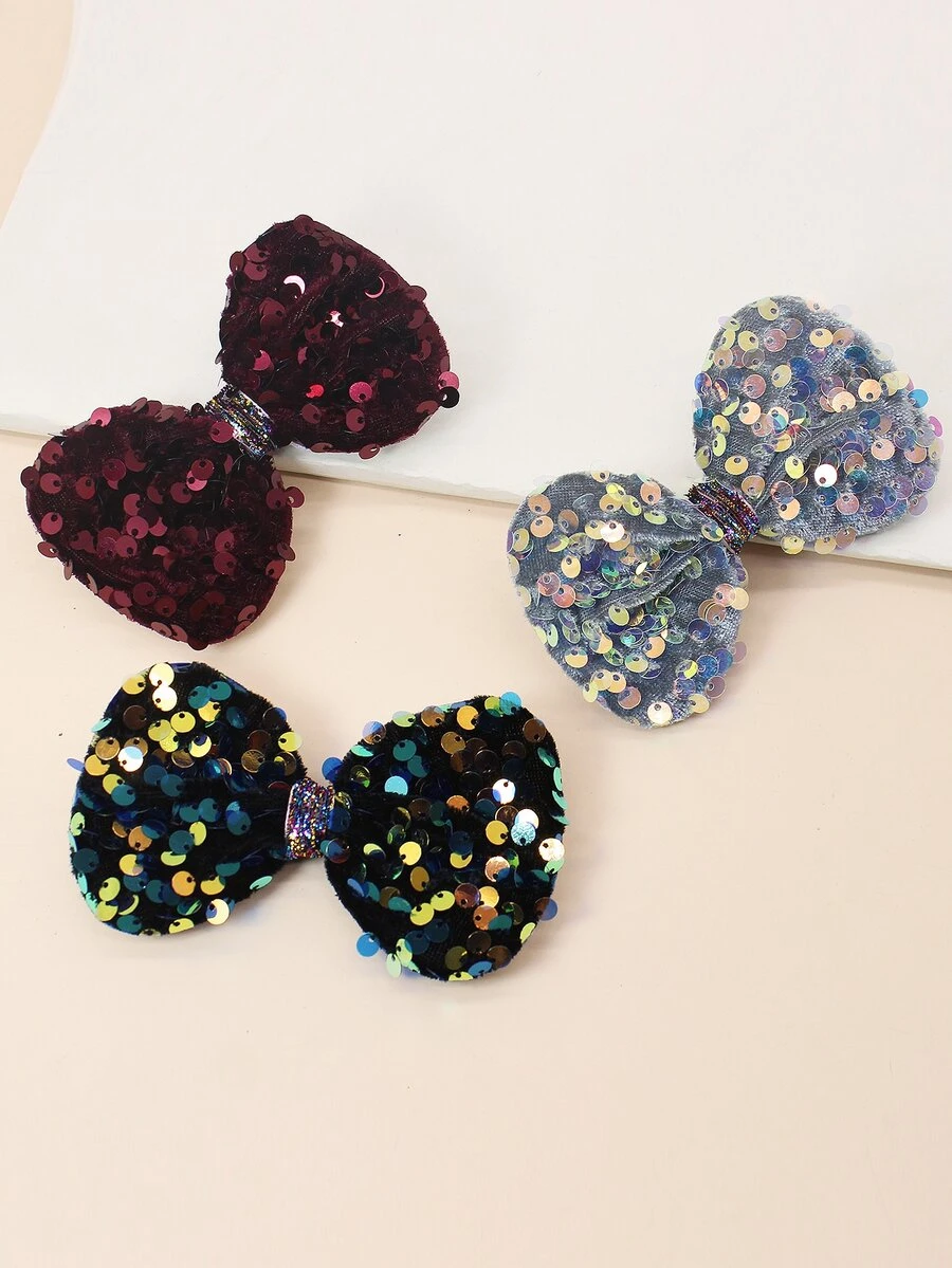 3入組小女童亮片蝴蝶結裝飾髮夾 - 黑色 - 查看 1