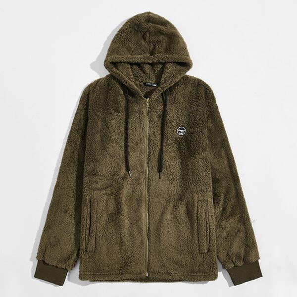 

Men Patched Detail Zipper Drawstring Hooded Sherpa Jacket, Army green