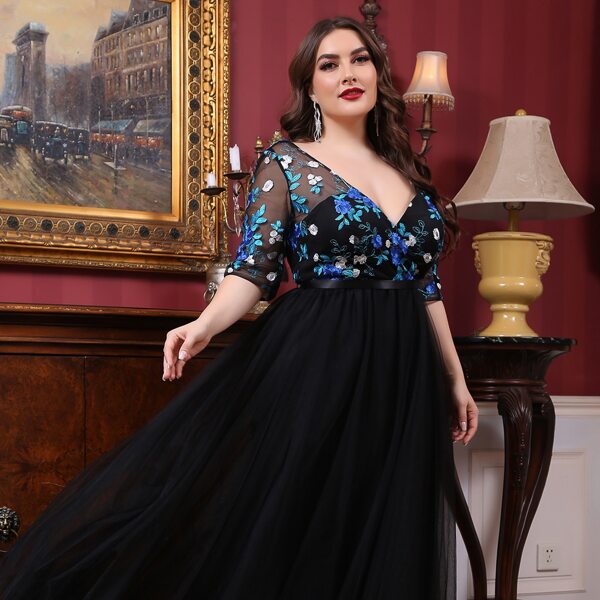 

Plus Contrast Embroidery Mesh Prom Dress, Black