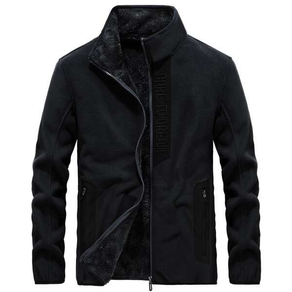 

Men Letter Graphic Teddy Lined Zip Up Fleece Jacket, Black