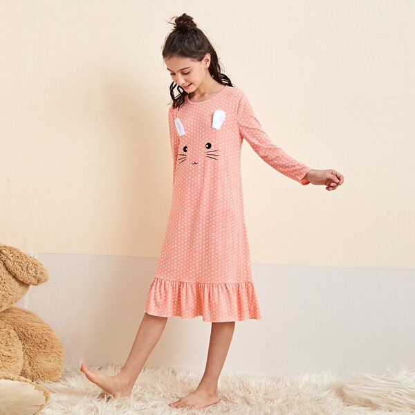 

Girls Cartoon Graphic Polka Dot Flounce Hem Nightdress With Ears, Coral pink