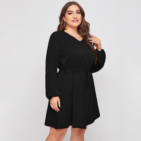 

Plus V-neck Knot Waist A-line Dress, Black