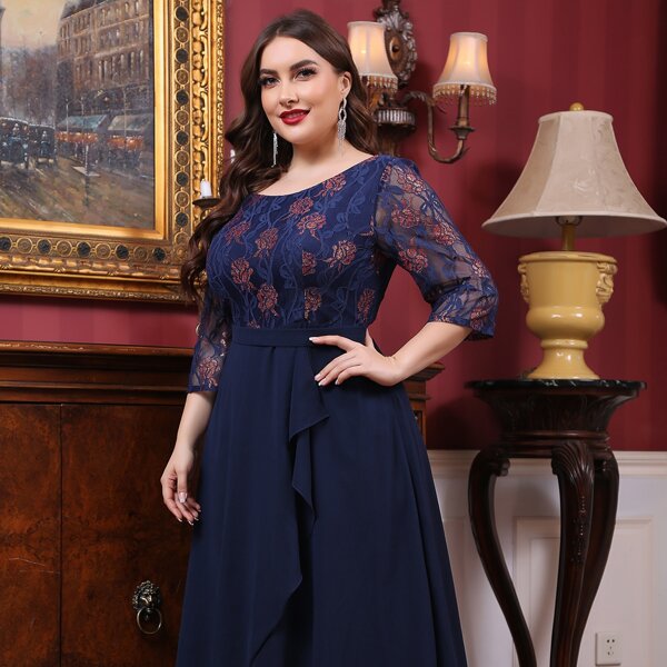 

Plus Floral Lace Bodice Maxi Dress, Navy blue