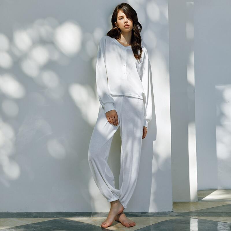 

Half Button Tee With Pants Lounge Set, White