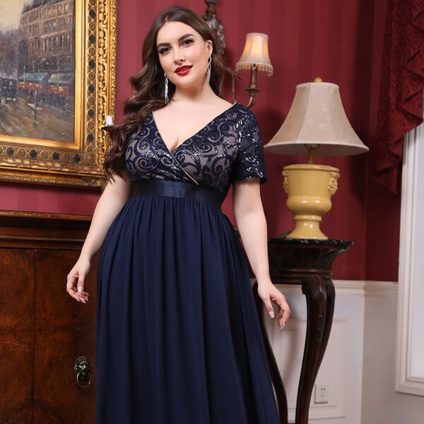 

Plus Contrast Sequin Surplice Front Prom Dress, Navy blue