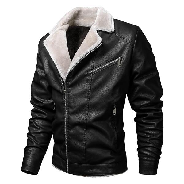 

Men Teddy Lined PU Leather Moto Jacket, Black