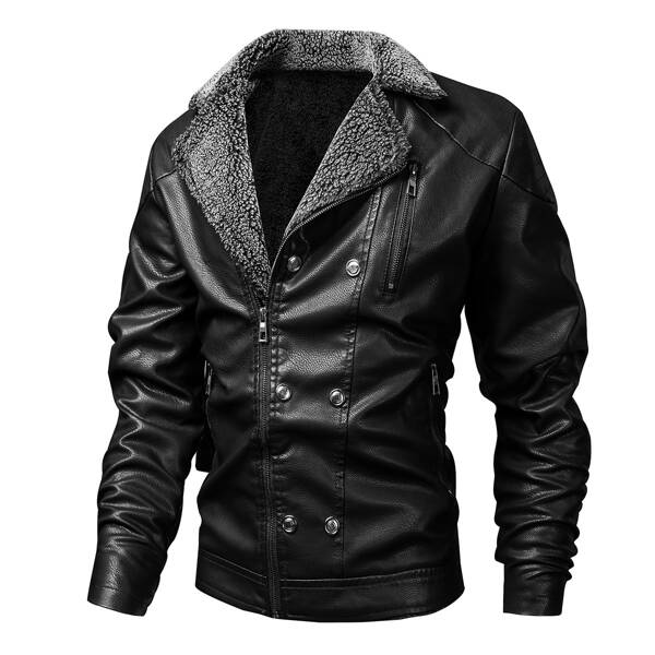 

Men PU Leather Zip-up Moto Jacket, Black